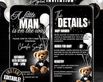 Digital A Little Man is on the Way Baby Shower Invitation Itinerary Template, Self Edit Black & White Baby Shower Teddy Bear Invite Video