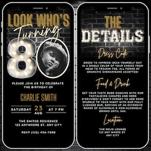 Mens 80th Birthday Invitation with Photo, Look Who&#39;s Turning 80, Digital 80th Invite Template, Eighty Party Evite, Phone Invite & Details