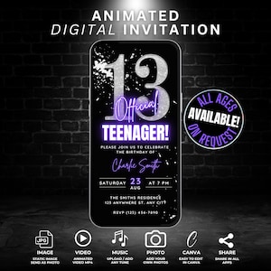 13. Geburtstagseinladung für Mädchen, animierter offizieller Teenager einladen Lila & Silber Video einladen Digital 13 Party Meilenstein Geburtstag Evite