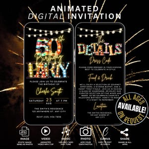 May include: A digital invitation for a 50th birthday party. The invitation features a black background with a neon sign design. The text reads "50th Birthday Party" and "The Details". The invitation includes details about the party, including the date, time, location, and dress code. The invitation also includes a message about the food and drinks that will be served at the party.