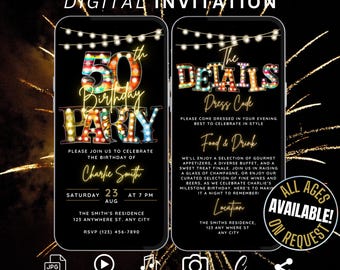 Animated 50th Birthday Party Invitation, Womens 50 Birthday Invite Template Canva, Digital Bday Bash for Man, Fifty Evite with Details Page