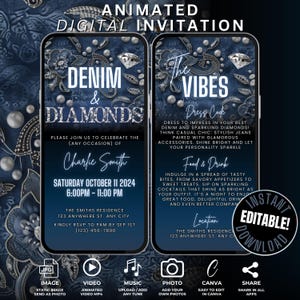 Digital Denim & Diamonds Invite Itinerary Template, Womens Self Edit Animated Glam Western Themed Birthday Jeans Party Invitation Electronic