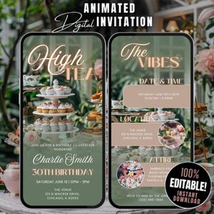 Digitaler High Tea Geburtstagseinladungsvorlage, Animierte Salbei Grün Blumen Teeparty einladen, Gartenparty einladen Nachmittagstee Einladung