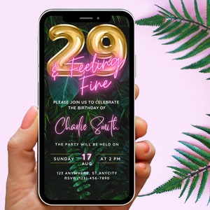 Convite de festa de aniversário digital 29 e Feeling Fine, 29º convite de mensagem de texto de telefone DIY Evite, rosa neon tropical, convite de modelo editável