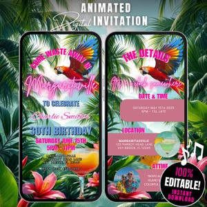 Digital Margaritaville Party Invitation Template, Animated Jimmy Buffett Theme Birthday Party Invitation, Editable Tropical Island Invite