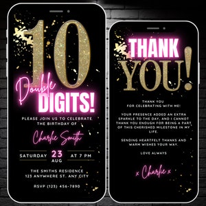 Mädchen zum 10. Geburtstag Einladungsvorlage, digitale zweistellige 10. Geburtstag Videoeinladung & Dankeskarte, 10 Jahre alte personalisierte Einladung
