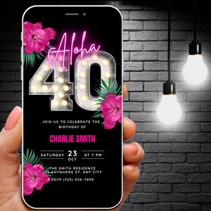 Faire-part d'anniversaire 40e aloha pour femme, invitation animée 40e anniversaire, invitation bonjour 40 ans, invitation fête tropicale rose, invitation anniversaire barbecue téléphone portable