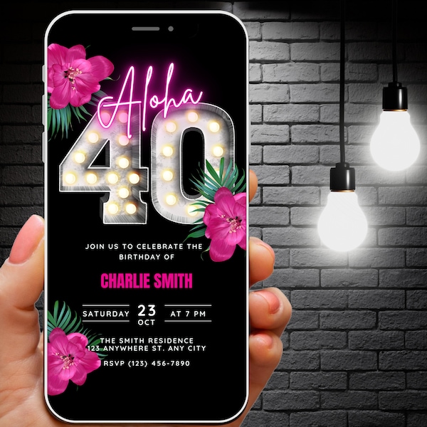 Womens Aloha 40 Birthday Invitation, Animated 40th Invite, Hello 40 Invitation, Pink Tropical Party Evite, Birthday BBQ Mobile Phone Invite