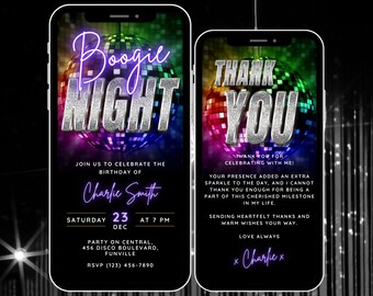 May include: Two digital phone screen mockups with a disco ball theme. The first screen is a birthday invitation with the text "Boogie Night" and "Charlie Smith". The second screen is a thank you card with the text "Thank You" and "Charlie".
