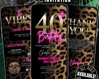 Itinerario e biglietto di ringraziamento per l'invito al 40° compleanno del ghepardo, invito di compleanno modificabile con stampa rosa e leopardata, volantino per invito alla festa dei 40 anni