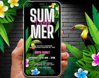 Geanimeerde tropische zomerfeestuitnodiging Digitale Hallo zomeruitnodiging, Einde van de zomerfeest, Pool Party Video-uitnodiging, Elektronische tekstuitnodiging