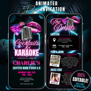 Invitación de cócteles neón y karaoke. Plantilla editable para fiesta de karaoke. Invitación divertida para una noche de chicas. Invitación de karaoke para adultos. Bebe y canta. Evite.