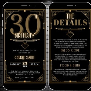 Gatsby 1920er Jahre Themed Party Einladung Vorlage, Bearbeitbar Art Deco Geburtstag einladen Digitales 30th Bday Virtuelles Handy Evite & Reiseplan