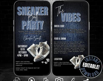 Może przedstawiać: Cyfrowe zaproszenie na imprezę Sneaker Ball. Zaproszenie ma czarne tło z niebieską teksturą dżinsu. Tekst "Sneaker Ball Party" jest biały z niebieskim obramowaniem. Zaproszenie zawiera informacje o imprezie, w tym datę, godzinę, miejsce i dress code. Zaproszenie zawiera również zdjęcie pary błyszczących butów.