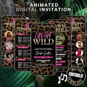 Digital Girls Weekend Trip Invitation Animated, Lets Get Wild Leopard Print Birthday Travel Itinerary Invite, Getaway Beach Vacation Evite