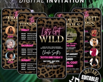 Invito digitale per viaggio di fine settimana per ragazze animato, invito per itinerario di viaggio di compleanno con stampa leopardata Lets Get Wild, invito per vacanza al mare