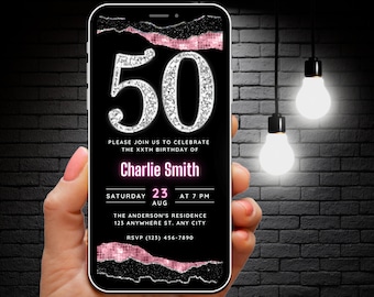 Digital 50th Birthday Invitation, 50th Diamond Invitation for women, Editable 50th Party invite Rose Gold, 50 Evite Fifty Invite Template