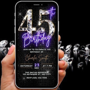 Digital 45th Birthday Invitation Video for Girls, Womens Diamond 45th Birthday Invite Canva Template Neon Purple Party Mobile Phone Evite
