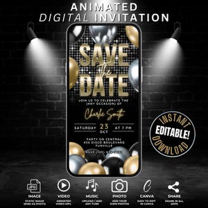 Cyfrowy szablon zaproszenia Save The Date, edytowalny motyw srebrnego, czarnego i złotego balonu, zaproszenie na urodziny Save The Date dla niego w wersji elektronicznej