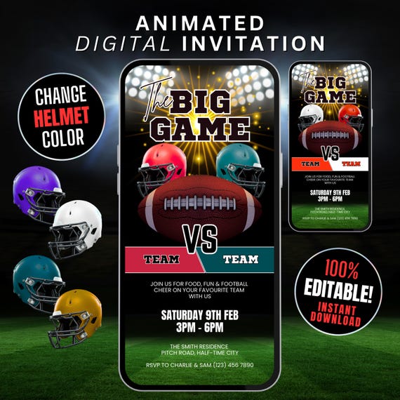 Animated Watch Party Invitation Digital Template Canva Big Game 2026 Party Video Invite, Football Tailgate Flyer Editable