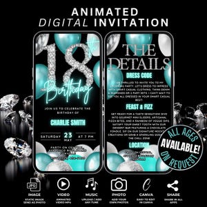 Digital 18th Birthday Invitations for Girls, Animated 18th Birthday Invite Template with Details, Aqua Teal & Diamond Balloon 18 Video Evite