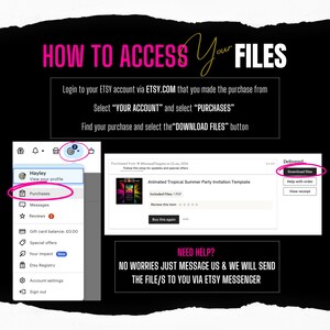 May include: A screenshot of a computer screen showing instructions on how to access digital files purchased on Etsy. The instructions include logging into your Etsy account, selecting "Your Account" and "Purchases", finding your purchase, and selecting the "Download Files" button. The screenshot also includes a message that says "Need Help? No worries just message us & we will send the file/s to you via Etsy messenger."