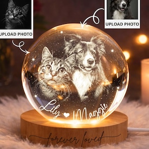 Custom Pet Memorial Night Light,Personalized Pet Portrait Crystal Ball Night Light,Photo Crystal Light,Pet Loss, Memorial Gift for Dog, Cat