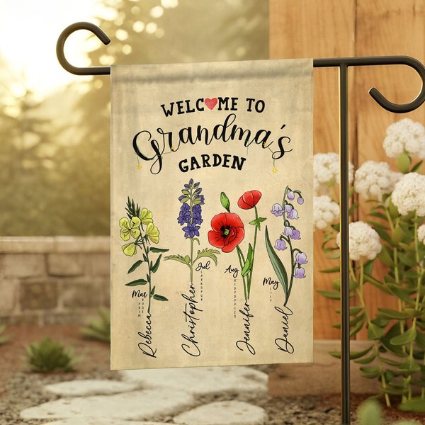 Grandma Gift, Mother's Day Gift For Grandma, Mimi Granny Birthday Gift, Personalized Grandma's Flowers Garden Flag, Custom Grandkids Name