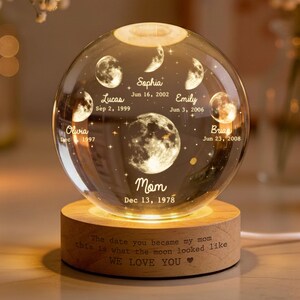 Personalized Moons Phase By Date Crystal Ball LED Night Light With Kids Name Mother's Day Gift For Mom