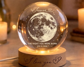 The Day You Were Born Custom Moon Phase by Date, Personalized Crystal Ball LED Night Light, Birthday Gift for Friend, Gift From Daughter