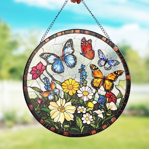 Stained Glass Grandma&#39;s Garden Suncatcher, Wildflower Butterflies Gift For Grandma, Mother&#39;s Day Mom Gift Window Decor, Nana Birthday Gift