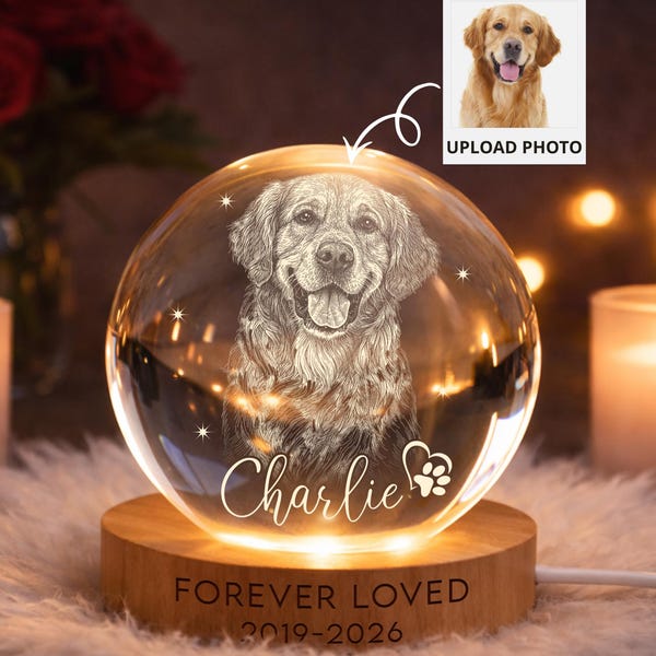 Personalized Pet Memorial Night Light, Pet Portrait Crystal Ball Night Light, Photo Crystal Light, Pet Loss, Pet Memorial Gift for Dog, Cat