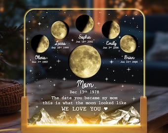 Personalized Moons Phase By Date LED Night Light With Kids Name Mother&#39;s Day Gift For Mom, Gift For Dad Family Custom Moons Phase Light Lamp