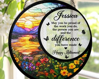 Stained Glass Retirement Suncatcher Personalized Floral Retirement Window Decor, Colleague Retirement Keepsake, Retirement Gift For Coworker
