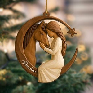 Personalized 2D Flat Wood - Carving Effect Horse Lover Acrylic Ornament, Custom Girl and Horse Moon Ornament, Keepsake Gift for Equestrians