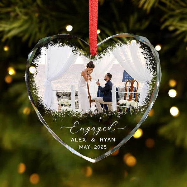 Engagement GLASS Ornament,Married Ornament,Personalization Marriage Proposal Gift,Our First Christmas Engaged Photo Ornament,Gift For Couple