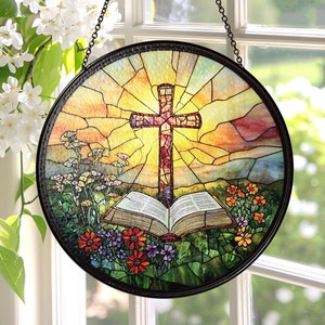 Christian Cross Stained Glass, SunCatcher Christian Art, Indoor Decor, Stained Glass Gift,Christian Cross, Christmas Jesus Gift,Window Decor
