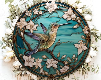 Hummingbird Wreath Sign, Faux Wood Hanger Window, Blue Hummingbird Sign, Front Door Decor, 81st Birthday Gift, Bird Wreath Embellishments