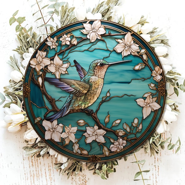 Hummingbird Wreath Sign, Faux Wood Hanger Window, Blue Hummingbird Sign, Front Door Decor, 81st Birthday Gift, Bird Wreath Embellishments