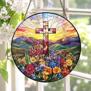 Stained Glass Cross And Wildflowers Suncatcher Christian Glass Window Hanging Flower Cross Gift For Religious Easter Faith Cross Home Decor