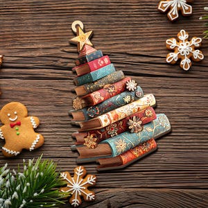K&ouml;nnte beinhalten: Ein Weihnachtsbaum-Dekoration aus gestapelten, farbenfrohen B&uuml;chern mit floralen Designs. Ein goldener Stern ziert die Spitze. Lebkuchen und ein Schneeflocken-Keks sind auf einer Holzoberfl&auml;che verstreut.