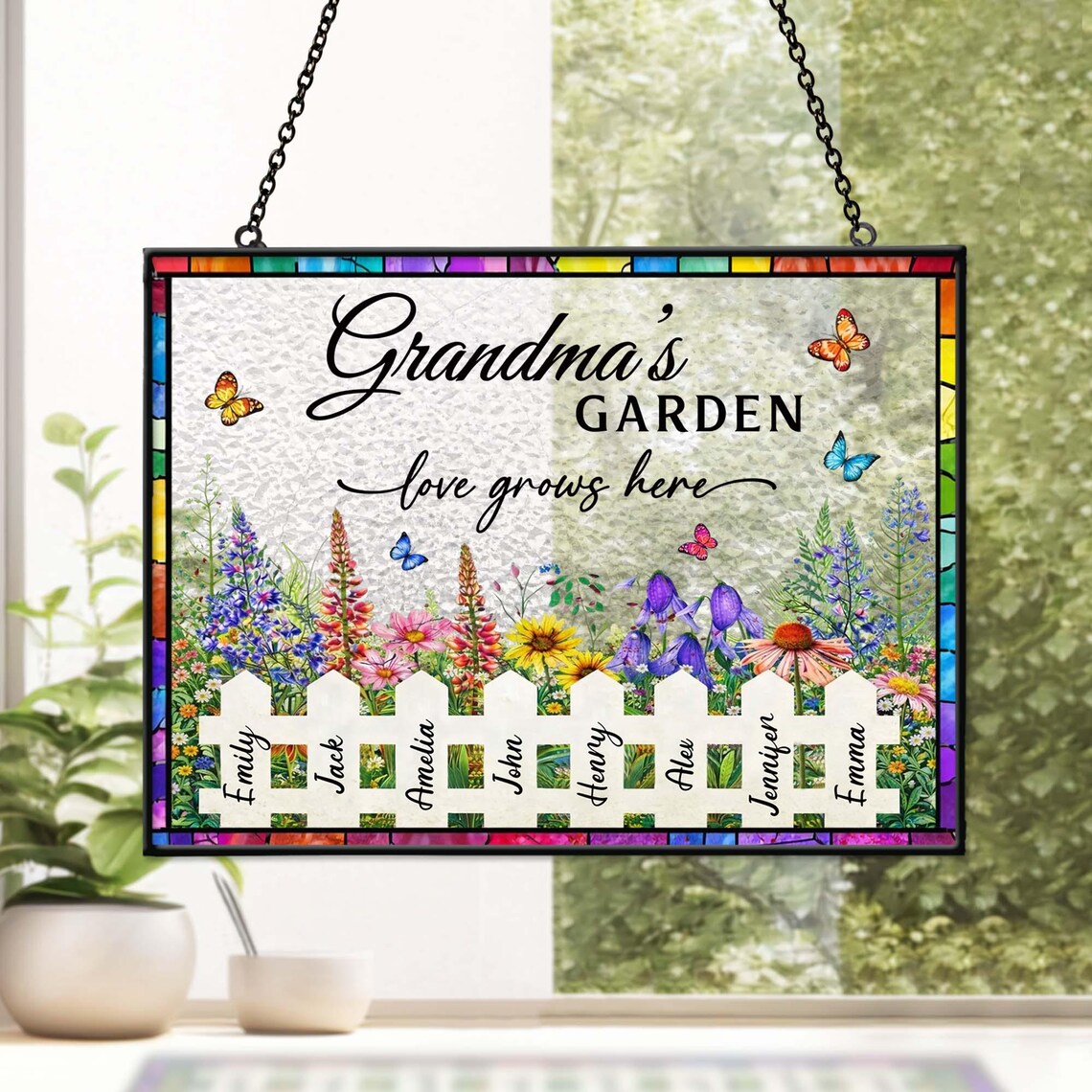 Custom Grandma's Garden Stained Glass, Personalized Love Grows Here ...