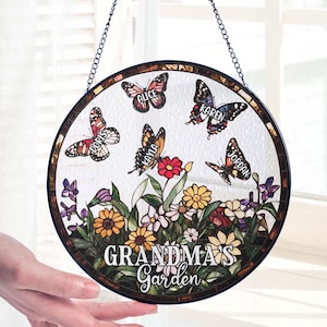 Stained Glass Grandma&#39;s Garden Suncatcher, Wildflower Butterflies Gift For Grandma, Mother&#39;s Day Mom Gift Window Decor, Nana Birthday Gift