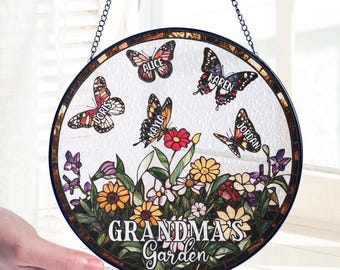 Stained Glass Grandma's Garden Suncatcher, Wildflower Butterflies Gift For Grandma, Mother's Day Mom Gift Window Decor, Nana Birthday Gift