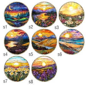 May include: Eight circular stained glass panels labeled s1 through s8, each featuring a unique landscape scene with vibrant colors, including mountain ranges, forests, floral fields, sunsets, and a night sky with a crescent moon and stars.