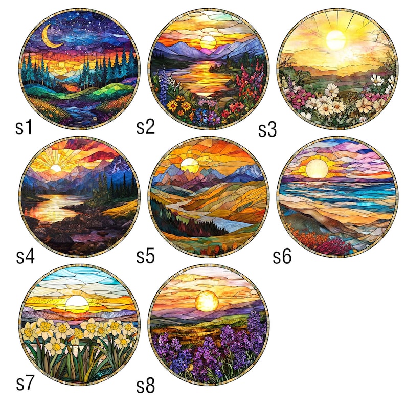 May include: Eight circular stained glass panels labeled s1 through s8, each featuring a unique landscape scene with vibrant colors, including mountain ranges, forests, floral fields, sunsets, and a night sky with a crescent moon and stars.