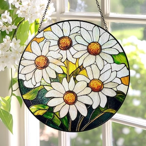 Stained Glass Daisy Flower Suncatcher Mother&#39;s Day Gift, Birth Month Flower Decor, Gift For Grandma, Daisy Glass Suncatcher, Family Gift