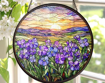 Violet Flower Field Sunset Glass Suncatcher Hanging, Birth Month Flower Window Hanging, Violet Suncatcher Ornament, February Birthday Gift