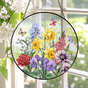Custom Family Birth Flowers Glass Suncatcher, Custom Mom's Garden Gift,Flower Glass Art,Birth Flower Gift For Nana,Mother's Day Gift For Mom