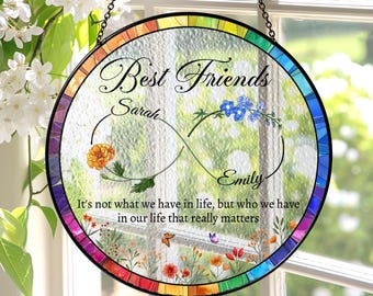 Best Friends Stained Glass Suncatcher, Personalized Best Friend Birth Month Flower, Friendship Gift, Soul Sisters Gift,Besties Birthday Gift